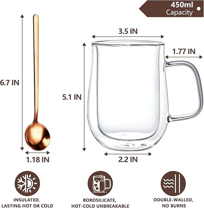 Double Walled Glass Coffee Mugs 16 OZ, Set of 2 with Spoons