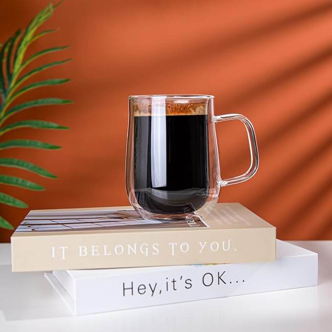 Double Walled Glass Coffee Mugs 16 OZ, Set of 2 with Spoons