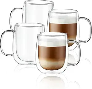 Double Wall Glass Coffee Mugs with Handle, 12oz – Set of 4