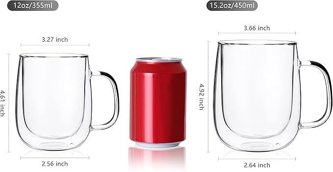 Double Wall Glass Coffee Mugs with Handle, 12oz – Set of 4