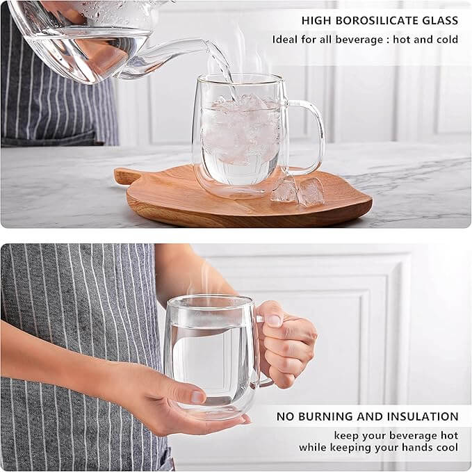 Double Wall Glass Coffee Mugs with Handle, 12oz – Set of 4