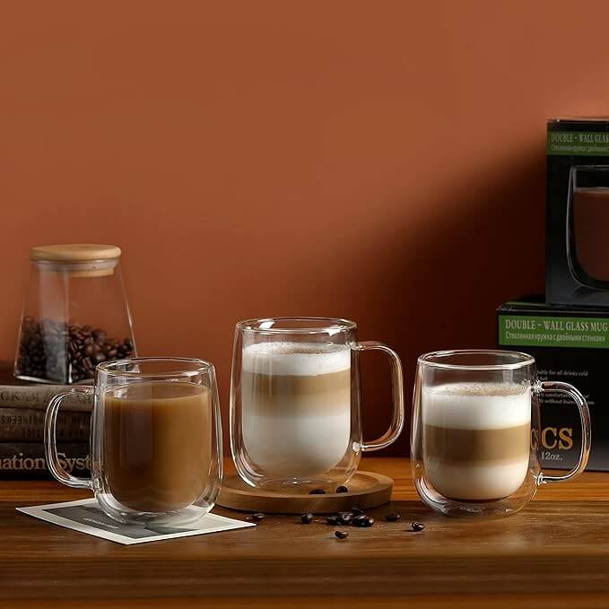 Double Wall Glass Coffee Mugs with Handle, 12oz – Set of 4