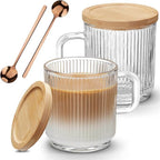 Ribbed Glass Coffee Mugs with Bamboo Lid & Spoon, 12oz – Set of 2