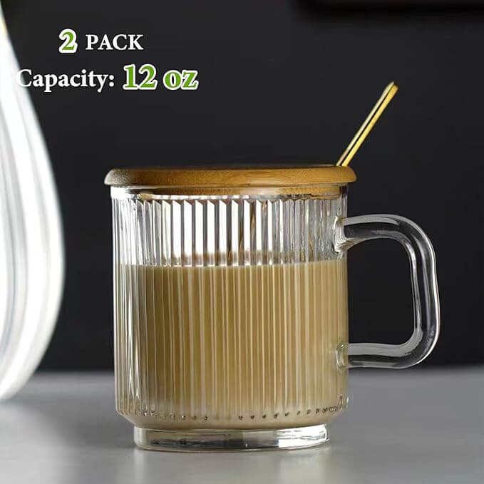 Ribbed Glass Coffee Mugs with Bamboo Lid & Spoon, 12oz – Set of 2