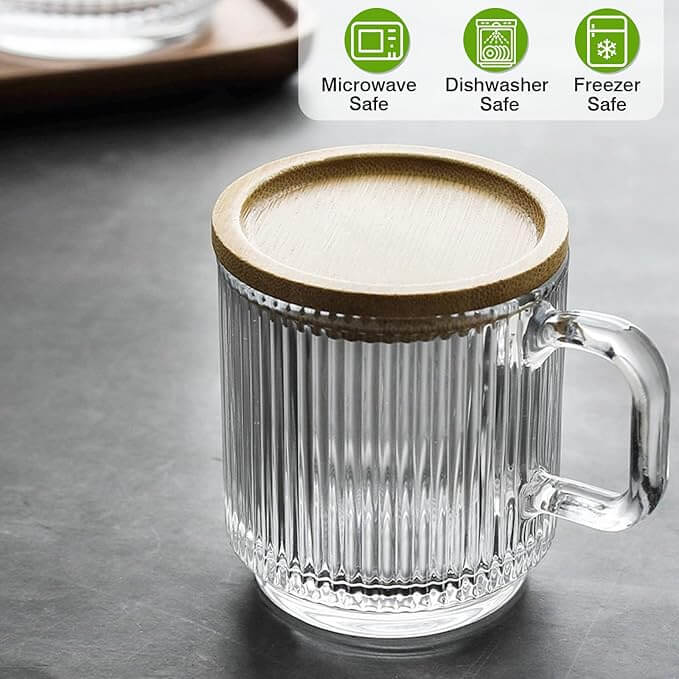 Ribbed Glass Coffee Mugs with Bamboo Lid & Spoon, 12oz – Set of 2