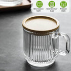 Ribbed Glass Coffee Mugs with Bamboo Lid & Spoon, 12oz – Set of 2