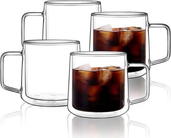 Double Wall Glass Coffee Mugs with Handle, 15oz – Set of 4