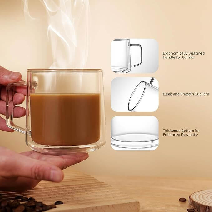 Double Wall Glass Coffee Mugs with Handle, 15oz – Set of 4