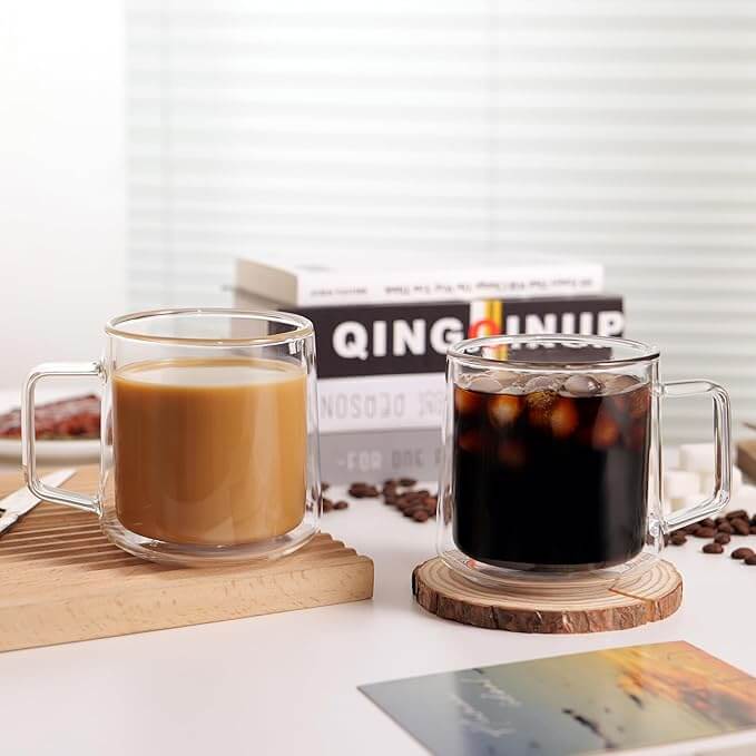 Double Wall Glass Coffee Mugs with Handle, 15oz – Set of 4