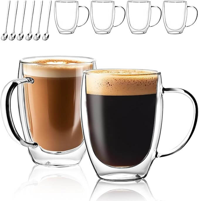 Double Wall Glass Coffee Mugs with Handle & Spoon, 12oz – Set of 6
