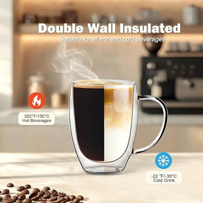 Double Wall Glass Coffee Mugs with Handle & Spoon, 12oz – Set of 6
