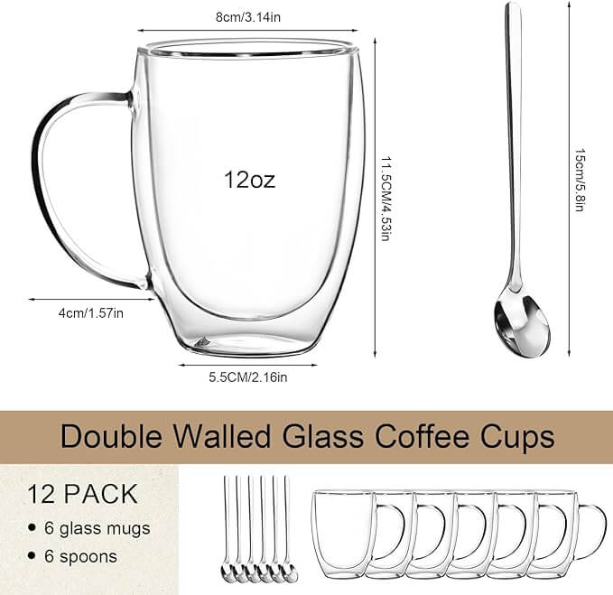 Double Wall Glass Coffee Mugs with Handle & Spoon, 12oz – Set of 6