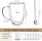 Double Wall Glass Coffee Mugs with Handle & Spoon, 12oz – Set of 6
