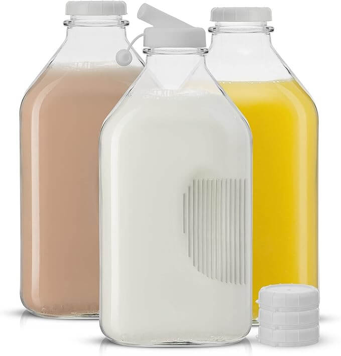 Glass Milk Bottles with Lids & Pourer, 64oz – Set of 3