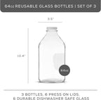 Glass Milk Bottles with Lids & Pourer, 64oz – Set of 3