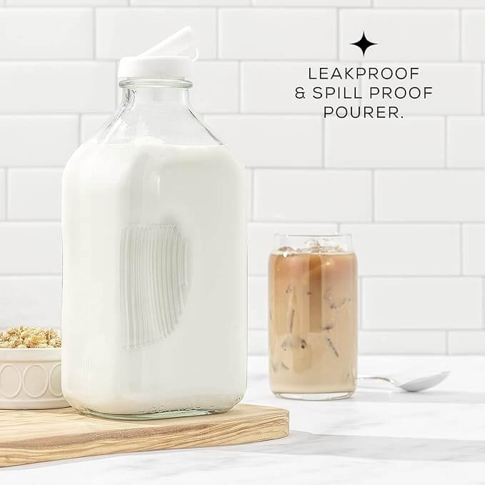 Glass Milk Bottles with Lids & Pourer, 64oz – Set of 3