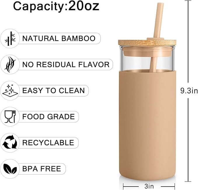 20oz Glass Tumbler with Bamboo Lid, Straw & Silicone Sleeve