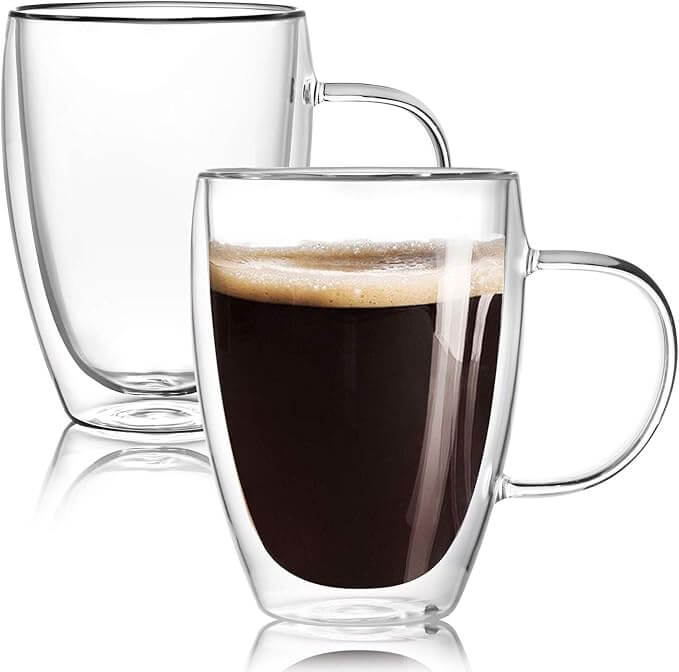 Double Wall Borosilicate Glass Coffee Mugs with Handle, 12oz – Set of 2