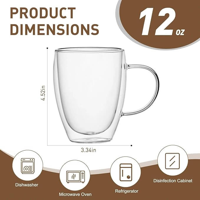Double Wall Borosilicate Glass Coffee Mugs with Handle, 12oz – Set of 2