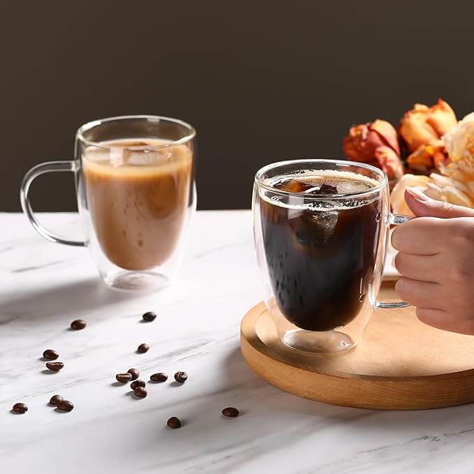 Double Wall Borosilicate Glass Coffee Mugs with Handle, 12oz – Set of 2