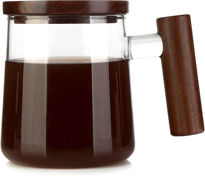 Large Clear Glass Coffee Mug with Walnut Lid & Handle, 15oz / 450ml