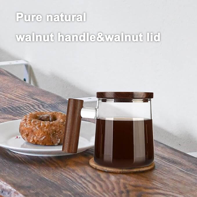 Large Clear Glass Coffee Mug with Walnut Lid & Handle, 15oz / 450ml
