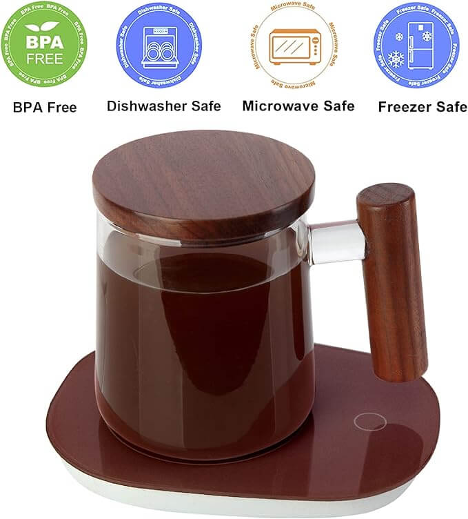 Large Clear Glass Coffee Mug with Walnut Lid & Handle, 15oz / 450ml