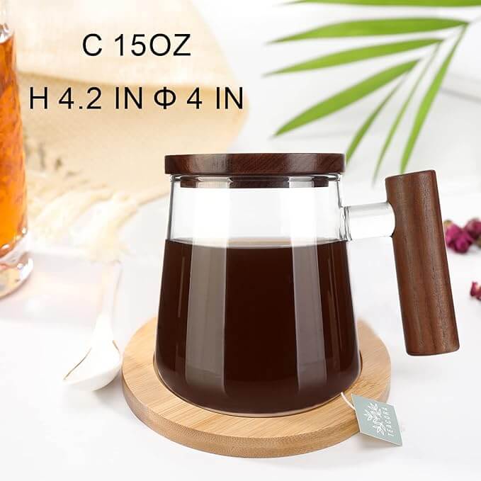 Large Clear Glass Coffee Mug with Walnut Lid & Handle, 15oz / 450ml