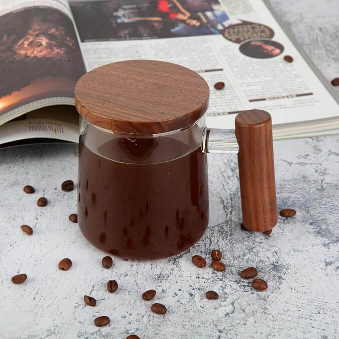 Large Clear Glass Coffee Mug with Walnut Lid & Handle, 15oz / 450ml