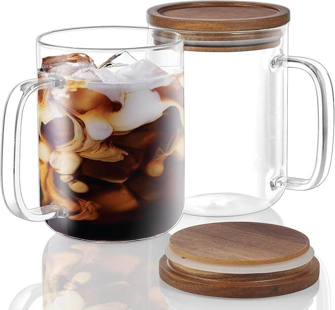 Large Clear Glass Coffee Mugs with Acacia Wood Lid & Handle, 20oz – Set of 2