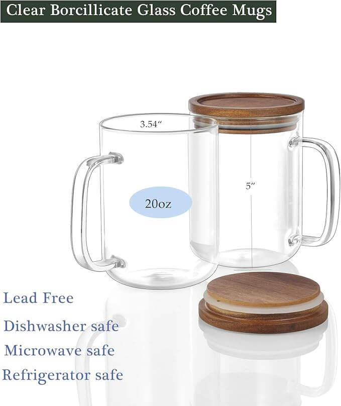 Large Clear Glass Coffee Mugs with Acacia Wood Lid & Handle, 20oz – Set of 2