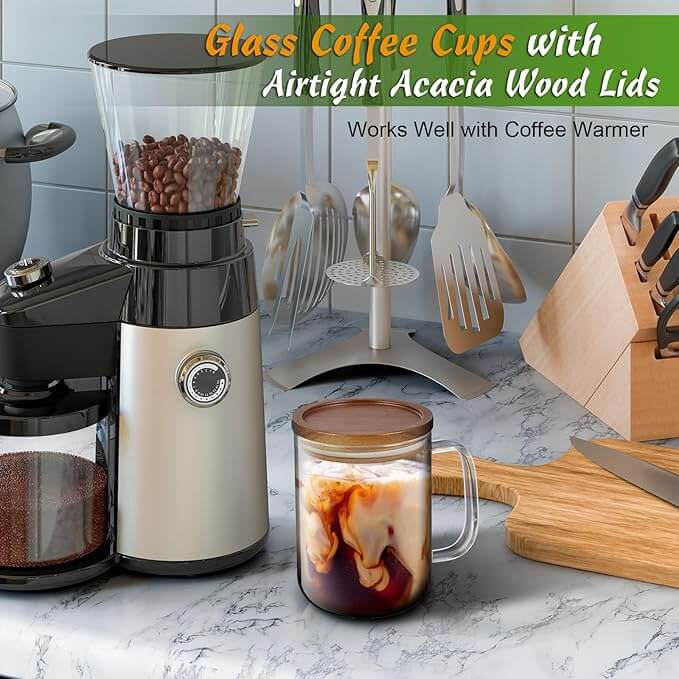Large Clear Glass Coffee Mugs with Acacia Wood Lid & Handle, 20oz – Set of 2