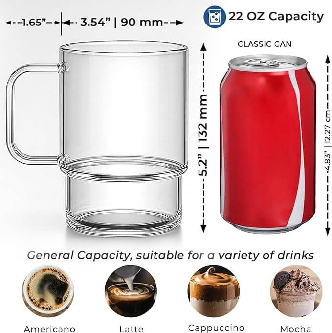 Stackable Glass Coffee Mugs with Handle, 22oz – Set of 2