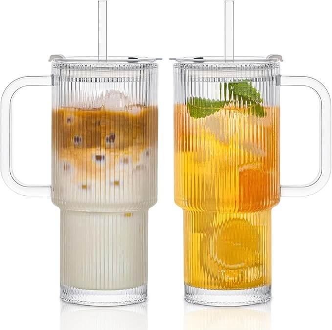 Ribbed Glass Tumbler with Handle, Lid & Straw, 24oz – Set of 2