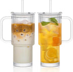 Ribbed Glass Tumbler with Handle, Lid & Straw, 24oz – Set of 2