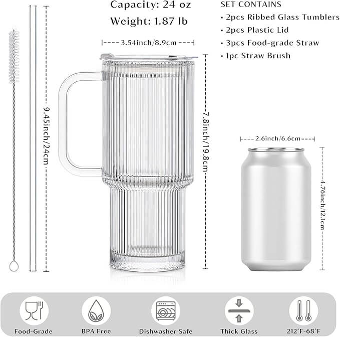 Ribbed Glass Tumbler with Handle, Lid & Straw, 24oz – Set of 2