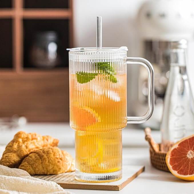 Ribbed Glass Tumbler with Handle, Lid & Straw, 24oz – Set of 2