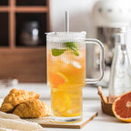 Ribbed Glass Tumbler with Handle, Lid & Straw, 24oz – Set of 2