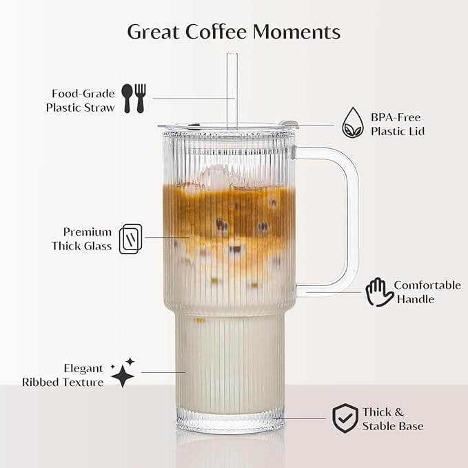 Ribbed Glass Tumbler with Handle, Lid & Straw, 24oz – Set of 2