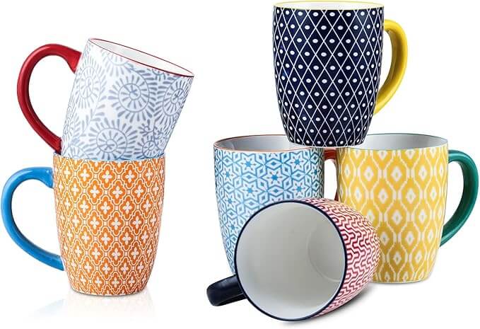 Porcelain Coffee Mugs with Handle, 16oz – Set of 6, Assorted Colors