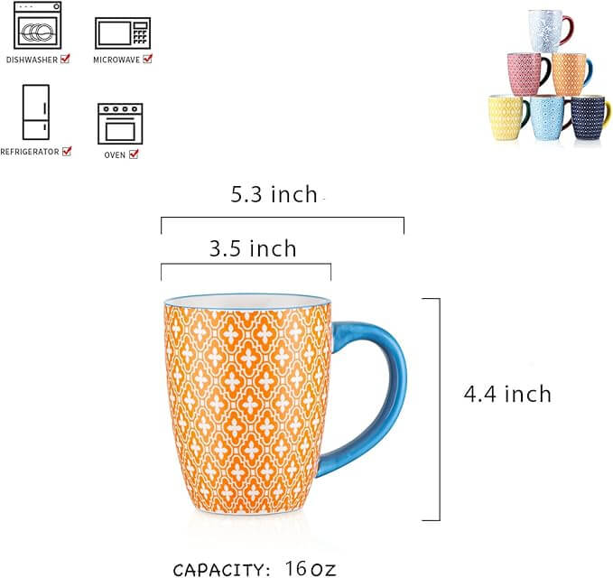 Porcelain Coffee Mugs with Handle, 16oz – Set of 6, Assorted Colors