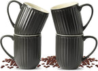 Black Ribbed Ceramic Coffee Mugs with Large Handle, 16oz – Set of 4
