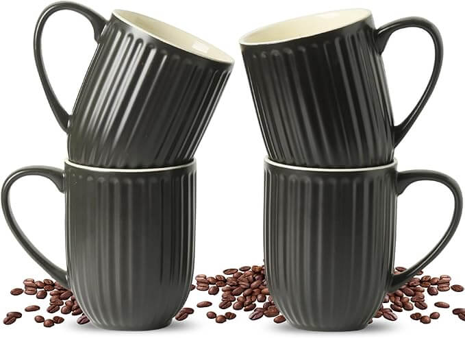 Black Ribbed Ceramic Coffee Mugs with Large Handle, 16oz – Set of 4