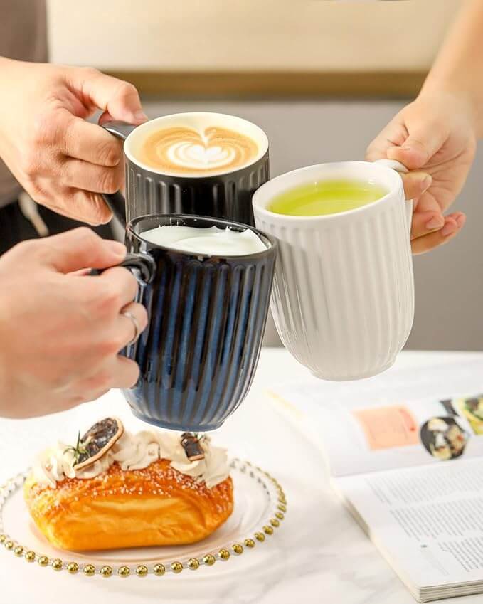 Black Ribbed Ceramic Coffee Mugs with Large Handle, 16oz – Set of 4