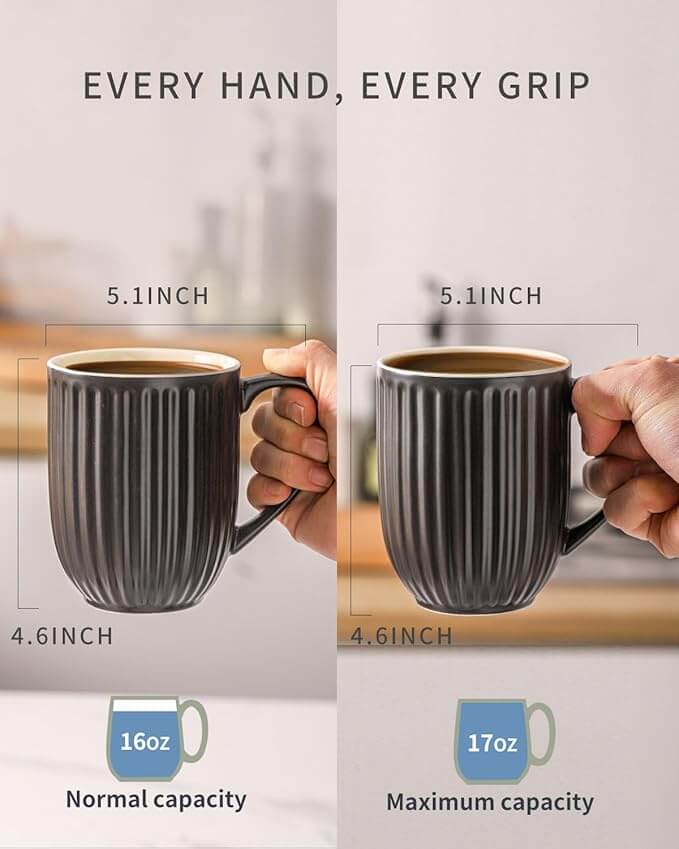 Black Ribbed Ceramic Coffee Mugs with Large Handle, 16oz – Set of 4