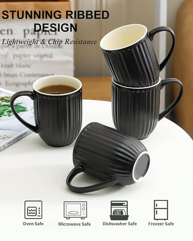 Black Ribbed Ceramic Coffee Mugs with Large Handle, 16oz – Set of 4