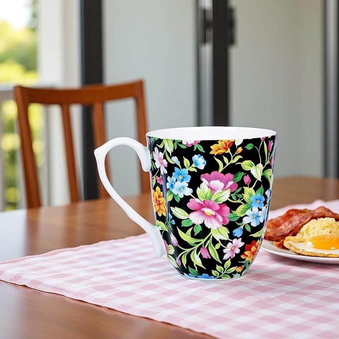 14oz Bone China Floral Coffee Mug with Comfort Handle
