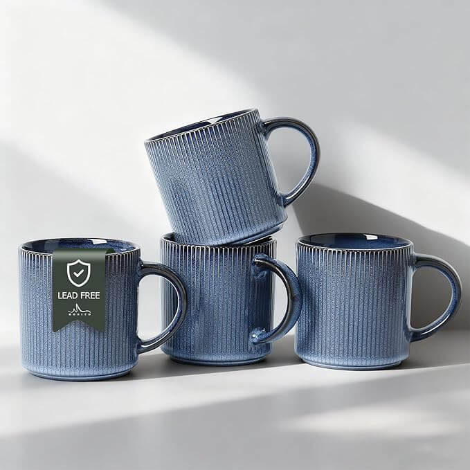 Rustic Stoneware Coffee Mugs with Large Handle, 16oz – Set of 4, Deep Blue