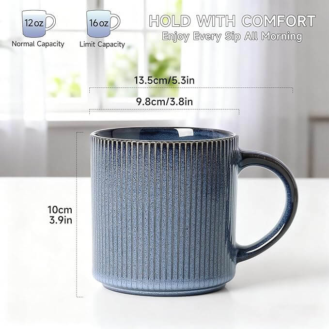 Rustic Stoneware Coffee Mugs with Large Handle, 16oz – Set of 4, Deep Blue