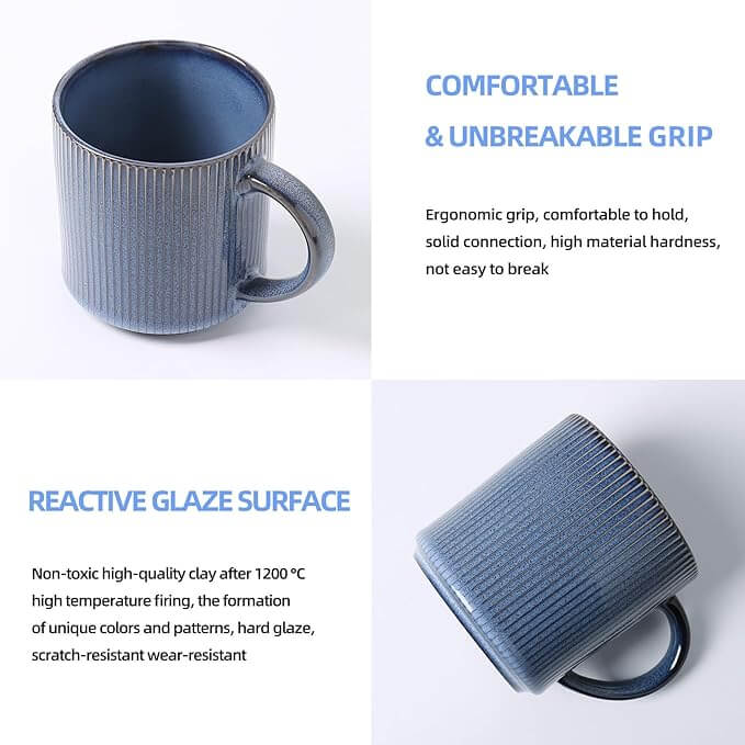 Rustic Stoneware Coffee Mugs with Large Handle, 16oz – Set of 4, Deep Blue